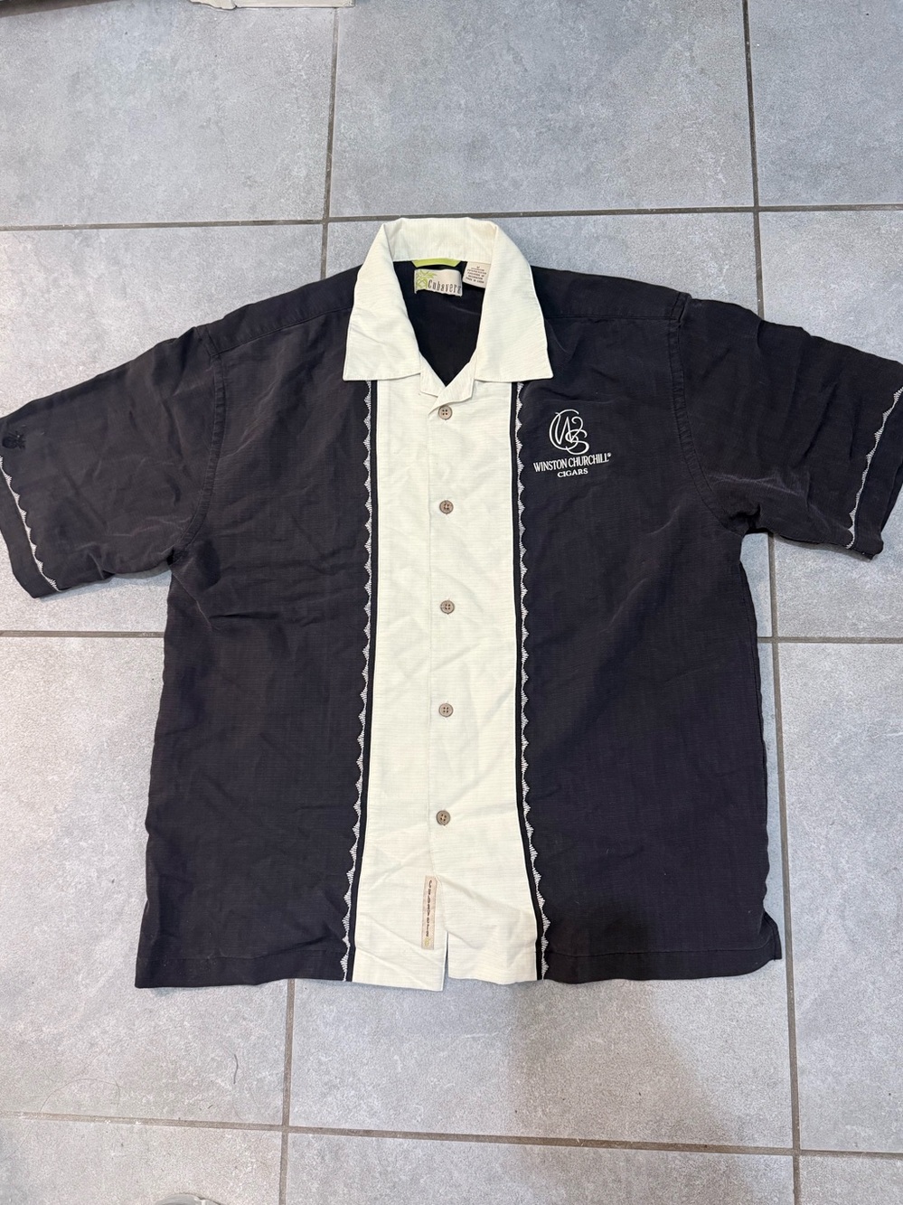 Winston Churchill Cigars Button Shirt Black Cream Retro Bowling Camp Medium
